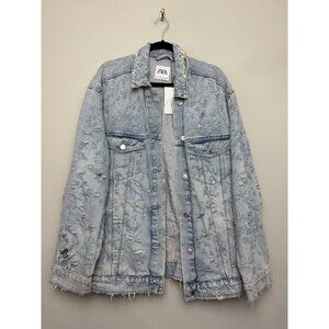 Womens Zara Denim Jacket Size M/L Distressed Cotton Light Wash Button